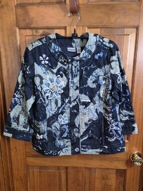 Chico's Jacket Women's Blue Denim Beaded Embroidered Sequin Floral Button Size 2